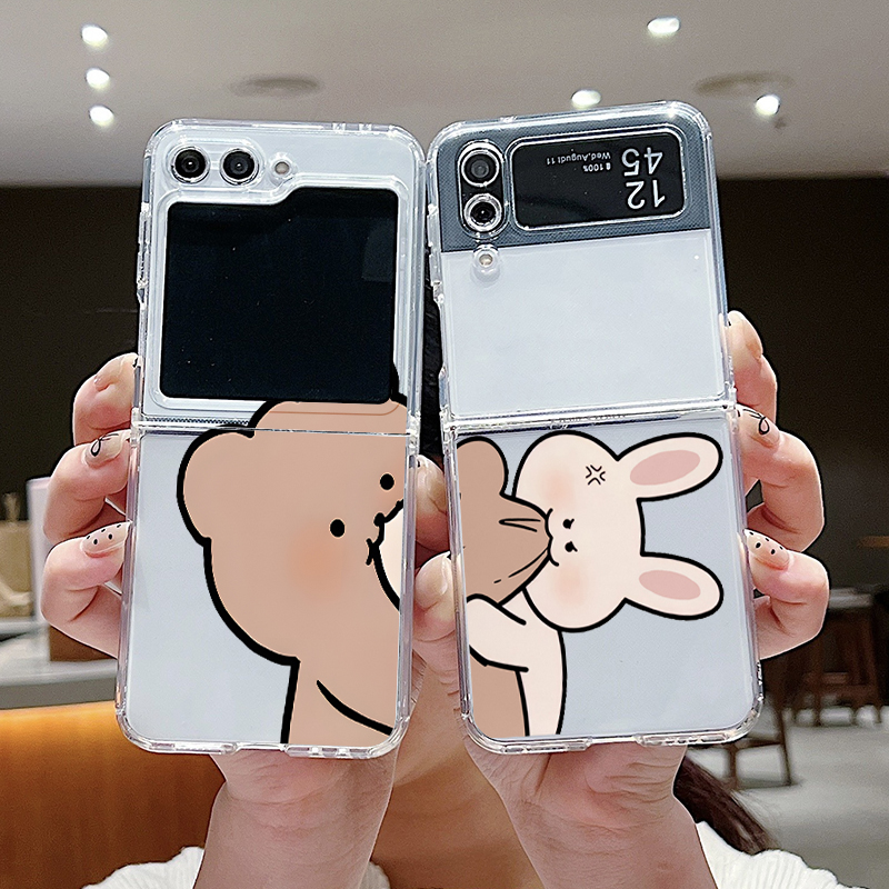 Phone Cases Z Fold 4 - 面白いバニーとクマのペアデザインクリアフォンケース、Samsung Galaxy Z Flip 7 Flip6