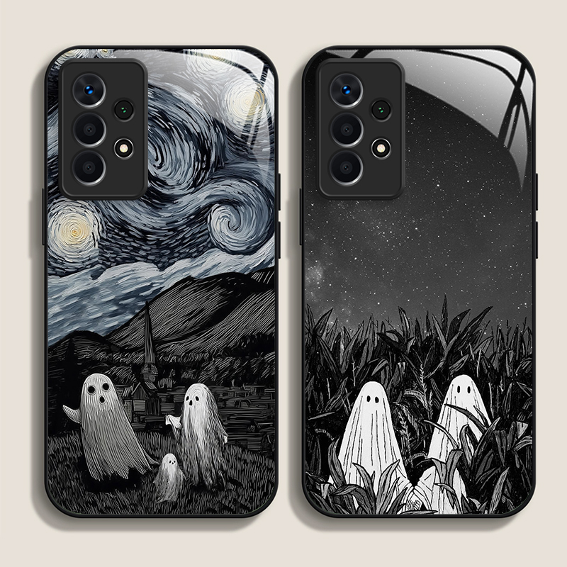 Phone Cases Drawing - 面白い幽霊の抽象芸術柄強化ガラス製スマホケース、Samsung Galaxy S25 Ultra、S24、S23 Plus、S22、S21、S20 FE、A56