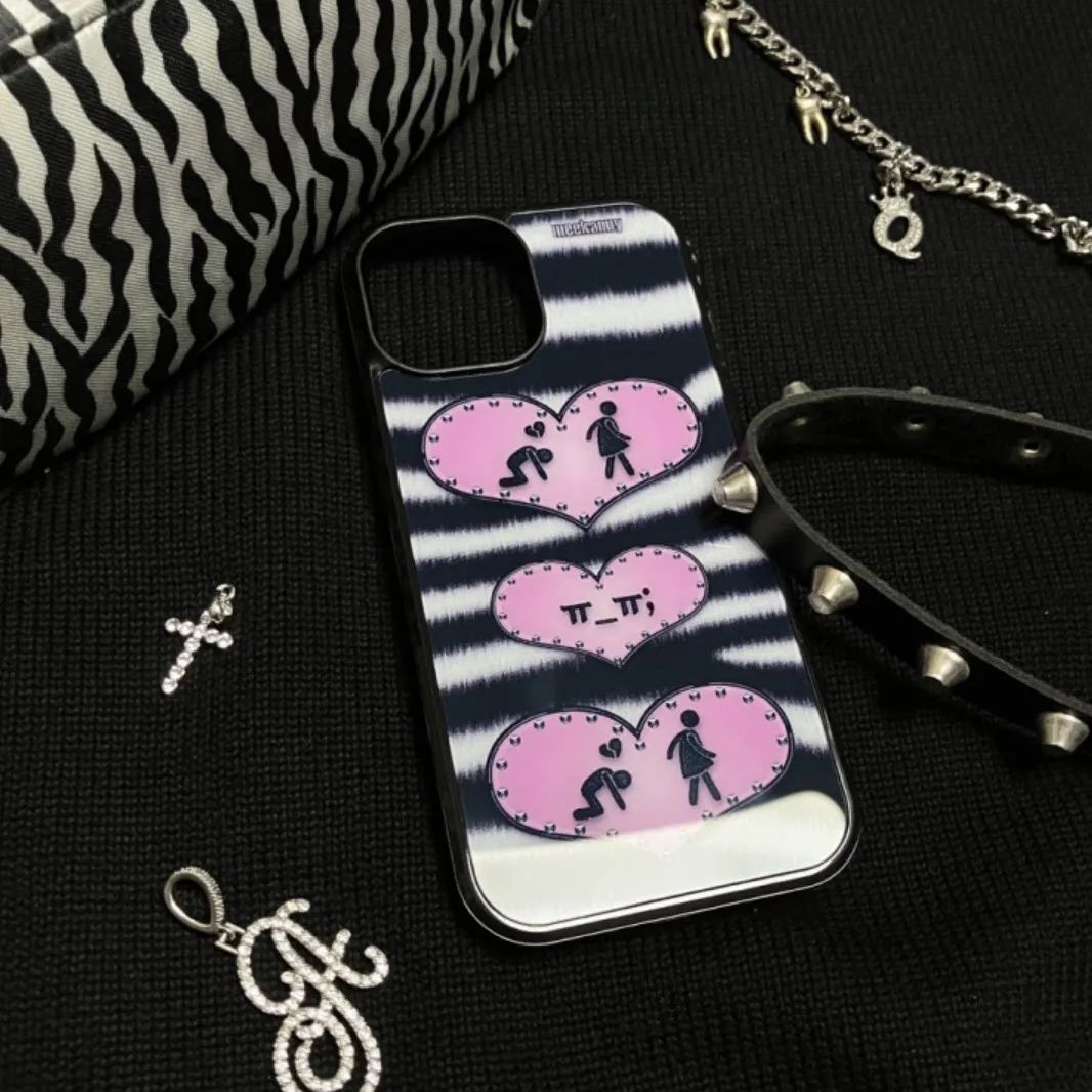 Phone Cases Custom - ニッチな個性派ブラック＆ピンクのラブY2Kストライプ柄スマホケース iPhone 17 Air 16 15