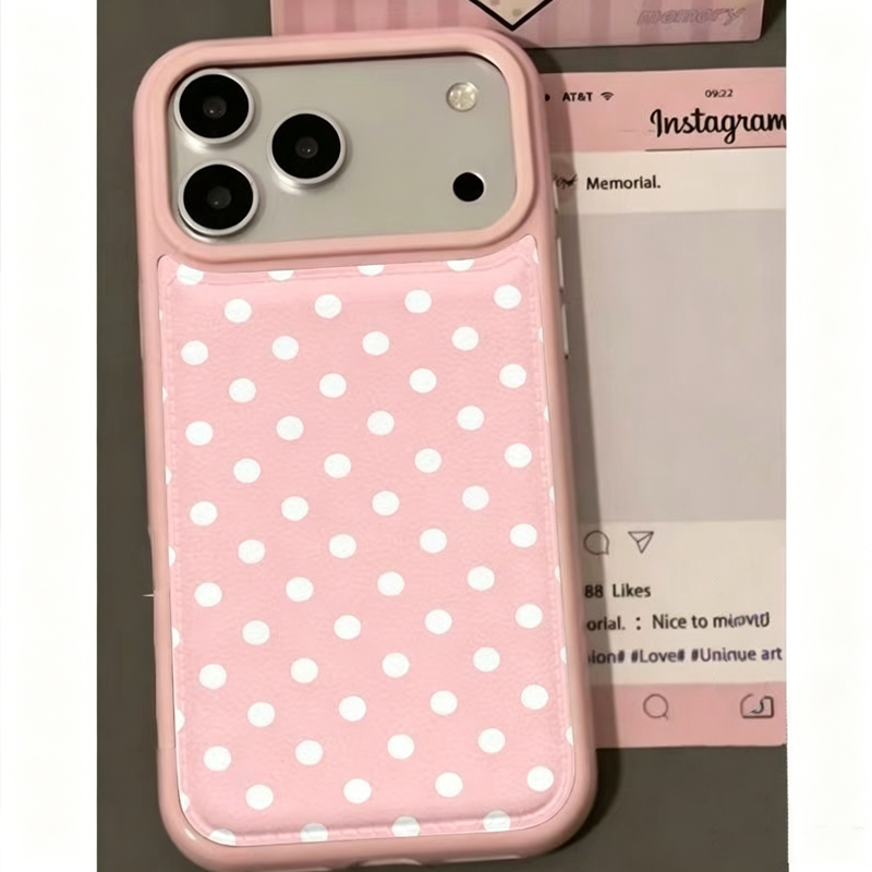 Phone Cases Trending - 韓国のトレンドのかわいいピンクの水玉模様レザー製スマホケース iPhone 17 Air 16 15