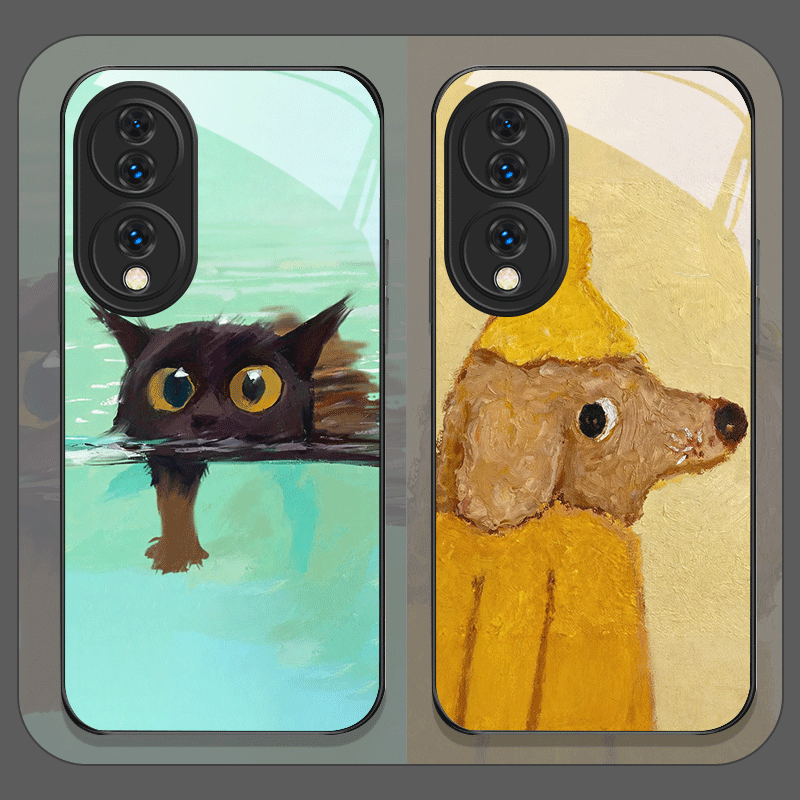 Phone Cases Yellow - 油絵風黄色い犬と黒い猫の強化ガラス製スマホケース Redmi Note 15 Pro+ 14
