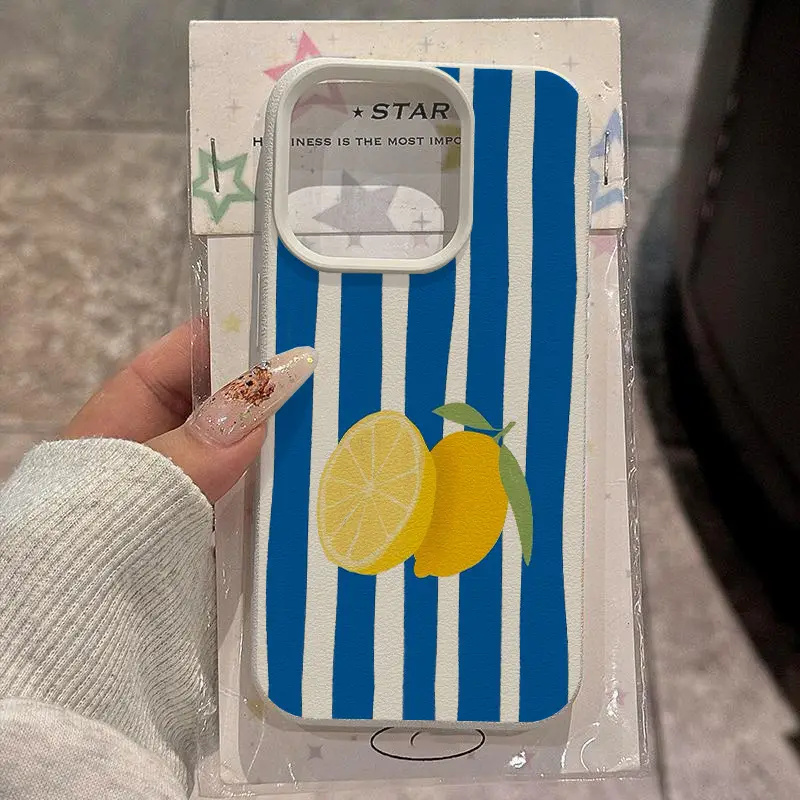 Phone Cases Yellow - イエローレモンブルーストライプ柄ソフトフォンケース iPhone 16 15 14 13