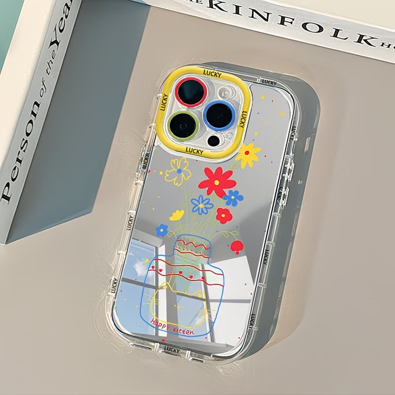 Phone Cases Iphone 11 - 夏のデイジー柄猫花瓶デザインミラー付きスマホケース iPhone 17 13 11 12