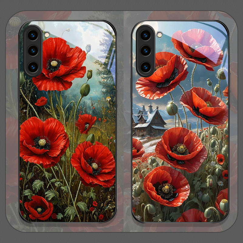 Phone Cases Samsung Galaxy - レトロなポピーの花柄、ホットレッドプリントの強化ガラス製スマホケース、Samsung Galaxy S26 S25 Ultra S24