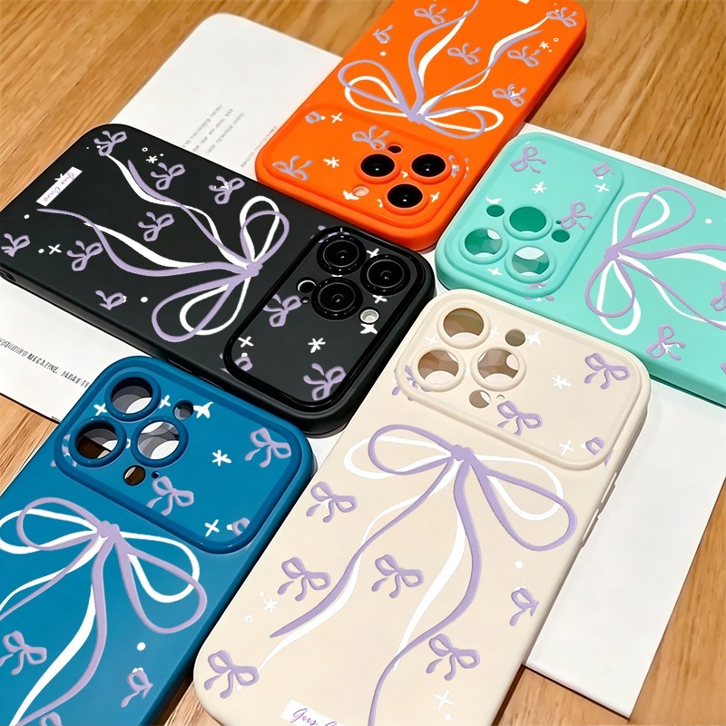 Phone Cases Drawing - 大きな紫色のリボンと星のドゥードゥルプリントのiPhoneケース（iPhone 17、16、15、14、13、12、11 Pro Max Plus対応）ソフト耐衝撃TPUカバー