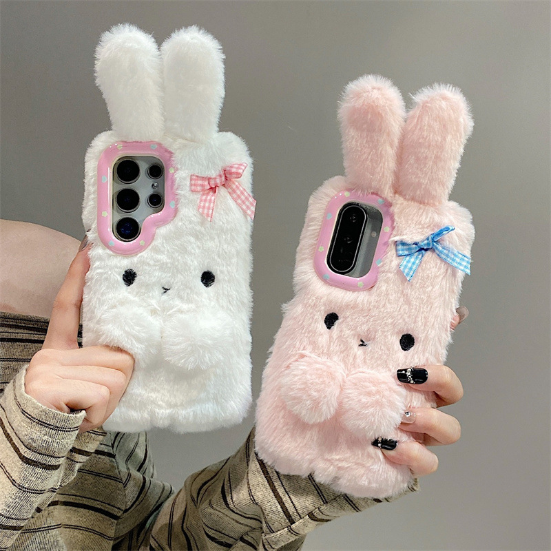 Phone Cases For Samsung - コレン 3D カートゥーン リボン付きうさぎ耳 暖かい毛皮のぬいぐるみ風スマホケース サムスン