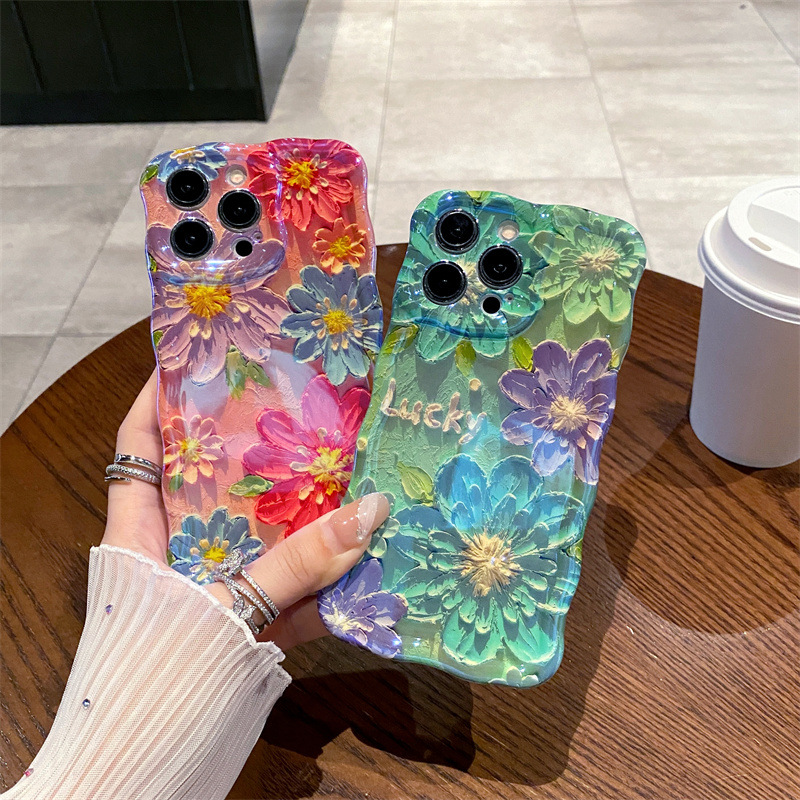Phone Cases Drawing - レトロな青色の光の油絵風フラワーウェーブシリコン製iPhone 12/13/14/15/16 Pro Max Plus用耐衝撃バンパーケース