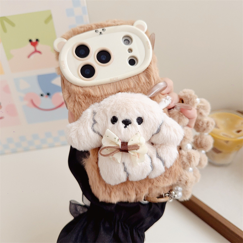 3D漫画風リボン付き子犬のふわふわぬいぐるみスマホケース i - Phone Cases Iphone 11 のレビューと価格