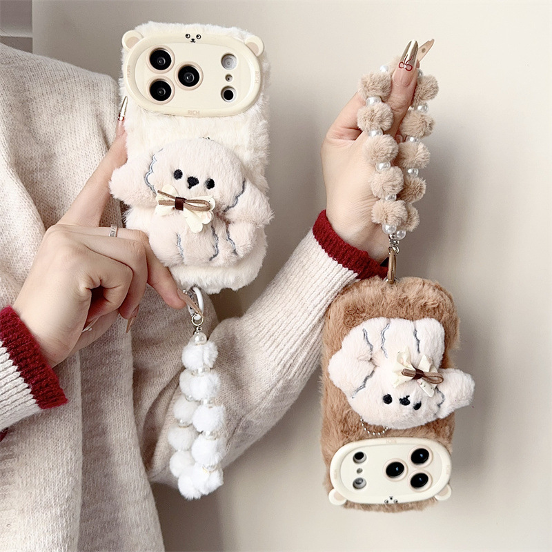 3D漫画風リボン付き子犬のふわふわぬいぐるみスマホケース i - Phone Cases Iphone 11 のレビューと価格