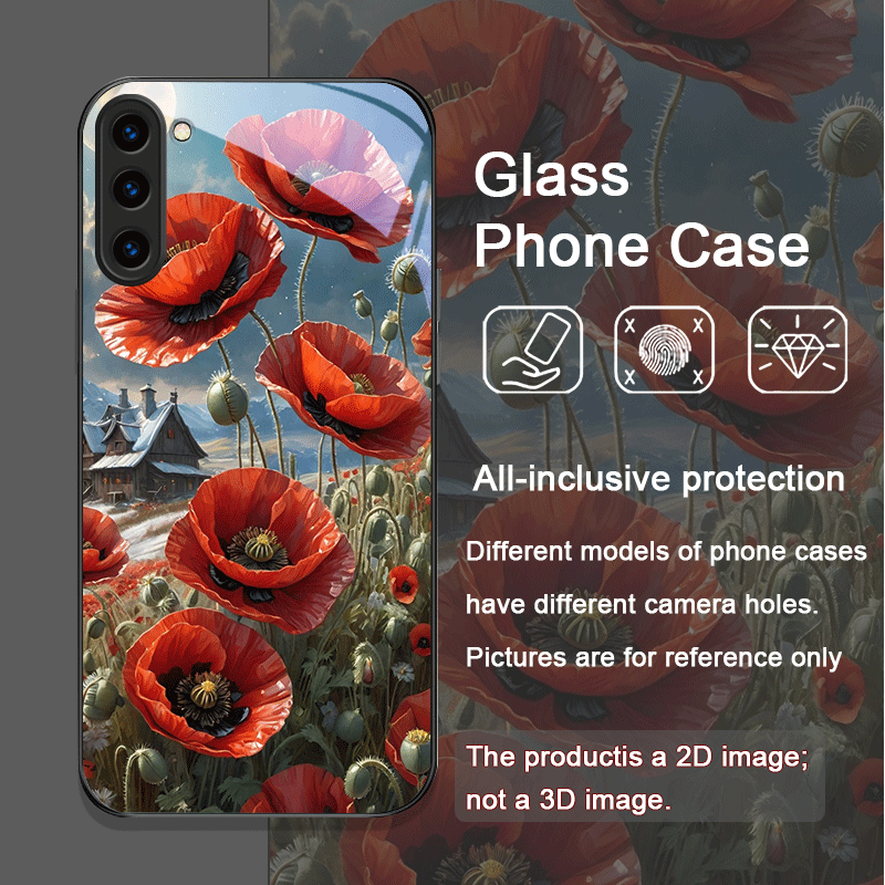 レトロなポピーの花柄、ホットレッドプリントの強化ガラス製スマ - Phone Cases Samsung Galaxy のレビューと価格
