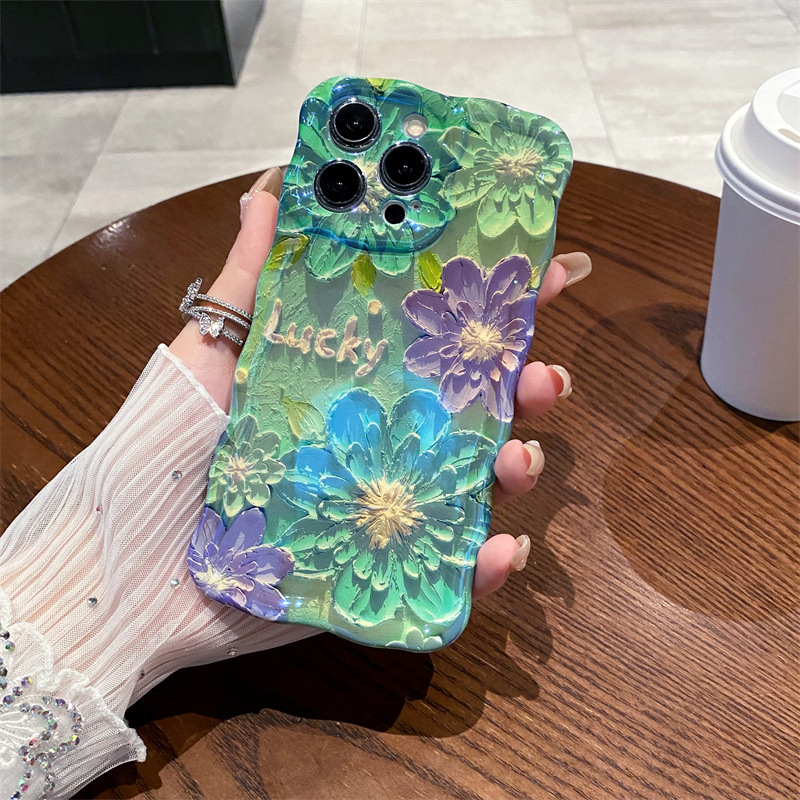 レトロな青色の光の油絵風フラワーウェーブシリコン製iPhon - Phone Cases Drawing のレビューと価格