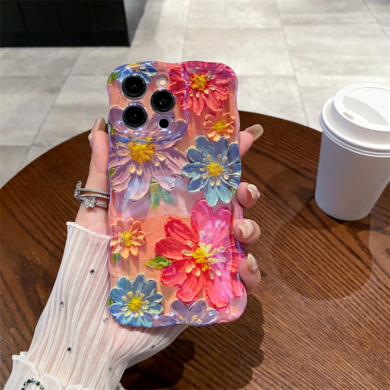 レトロな青色の光の油絵風フラワーウェーブシリコン製iPhon - Phone Cases Drawing のレビューと価格