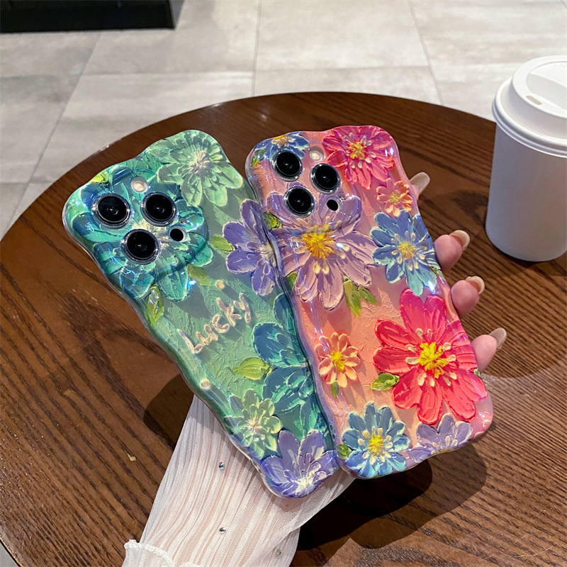 レトロな青色の光の油絵風フラワーウェーブシリコン製iPhon - Phone Cases Drawing のレビューと価格